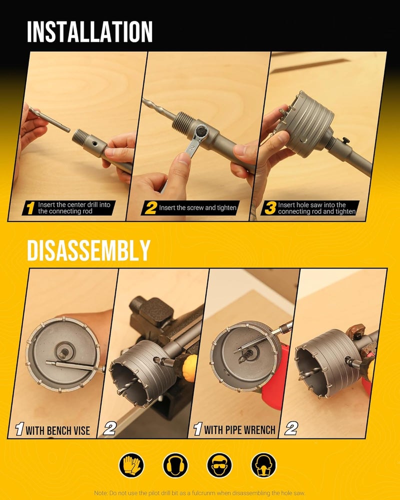 TGFTGF 9PCS Concrete Hole Saw Kit, 30/40/65/80/100mm Tungsten Carbide Masonry Hole Saw Kit with 300mm SDS Plus & SDS Max Bit Shank Drill Bit Sets for Concrete, Brick, Stone, Cement, Tile,Wall Drilling - Image 5